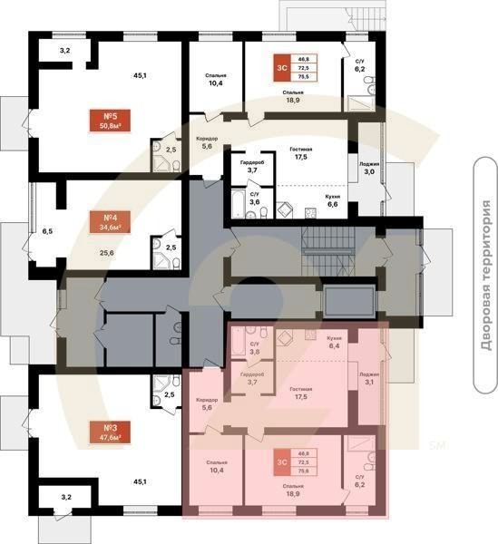 3-комн, 75.6 м², 1 этаж