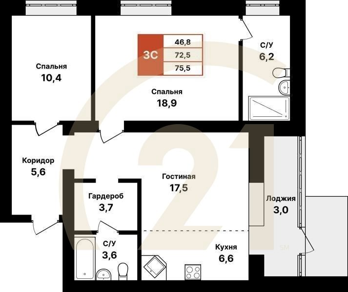 3-комн, 75.5 м², 1 этаж