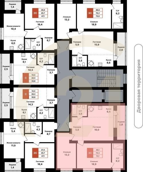 3-комн, 73.1 м², 2-7 этаж