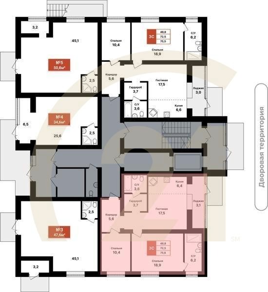 3-комн, 75.6 м², 1 этаж