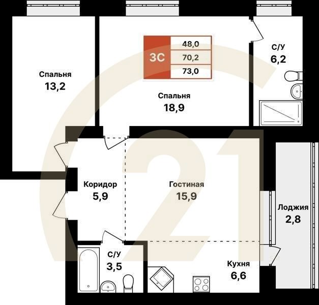 3-комн, 73 м², 2-8 этаж