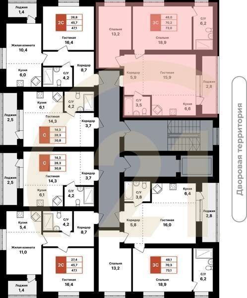 3-комн, 73 м², 2-8 этаж