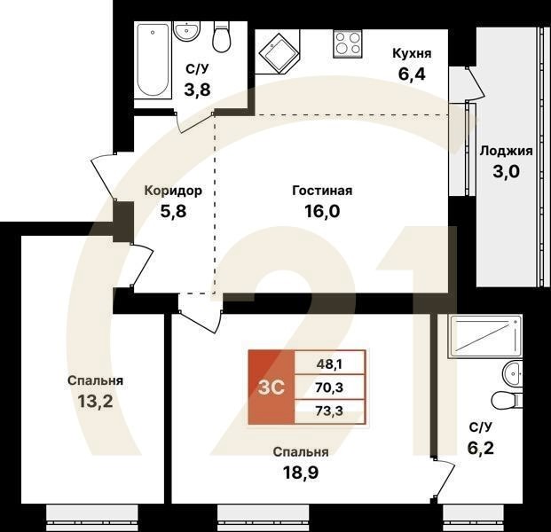 3-комн, 73.3 м², 2-8 этаж