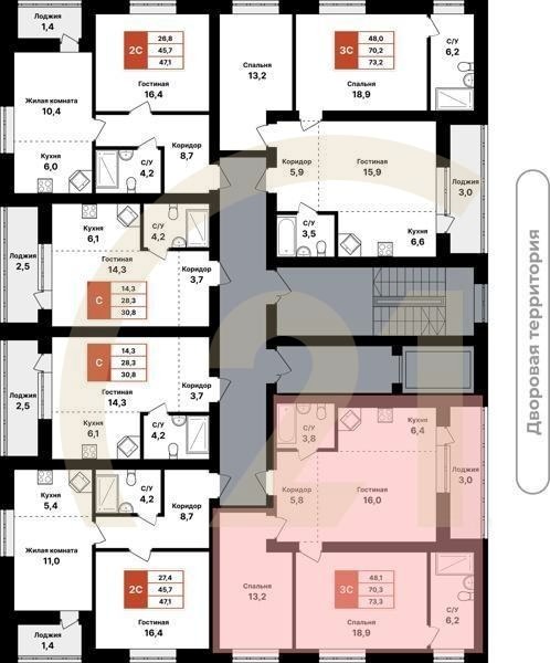 3-комн, 73.3 м², 2-8 этаж