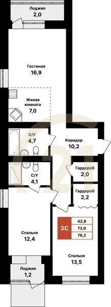 3-комн, 76.2 м², 1 этаж
