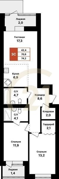 3-комн, 74.2 м², 1 этаж
