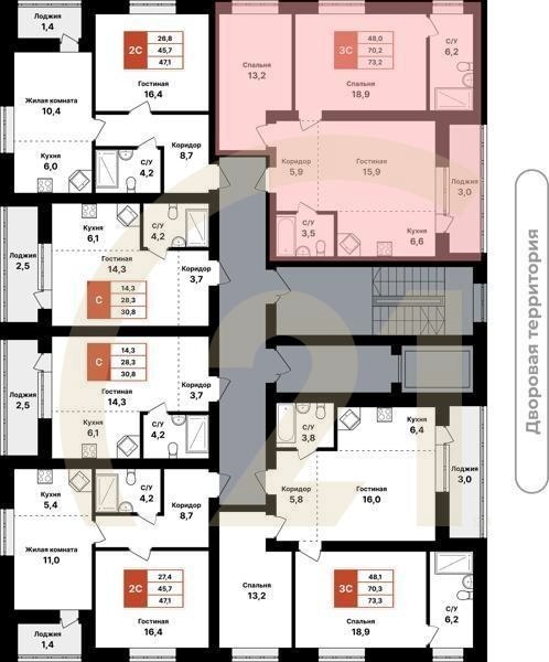 3-комн, 73.2 м², 2-6 этаж