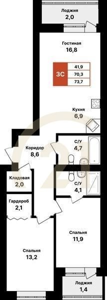 3-комн, 73.7 м², 2-8 этаж