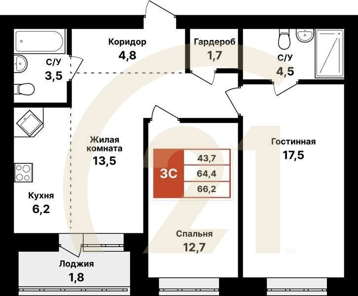 3-комн, 66.2 м², 2-6 этаж