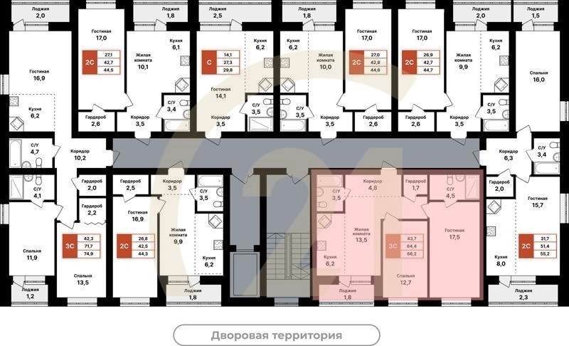 3-комн, 66.2 м², 2-6 этаж