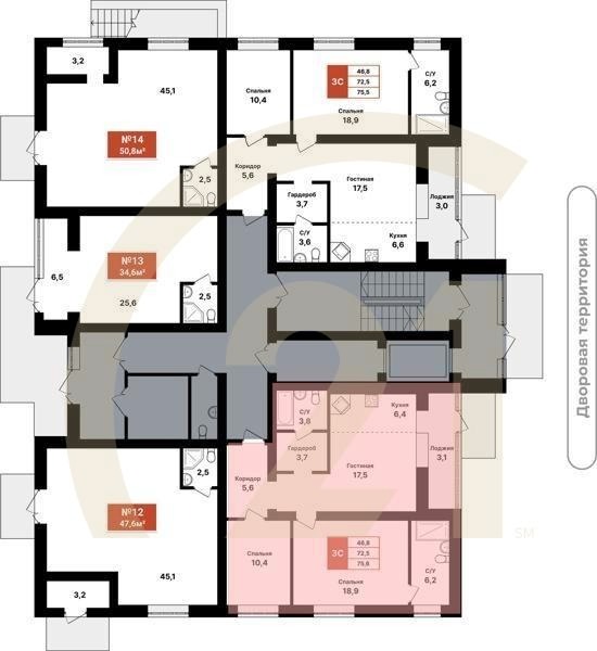 3-комн, 75.6 м², 1 этаж