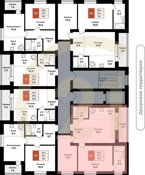 3-комн, 73.2 м², 2-8 этаж