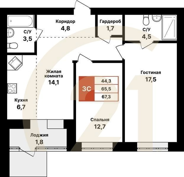 3-комн, 67.3 м², 1 этаж