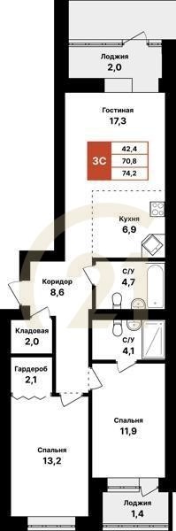 3-комн, 74.2 м², 1 этаж