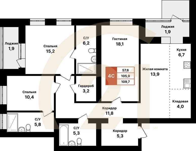 4-комн, 109.7 м², 1 этаж