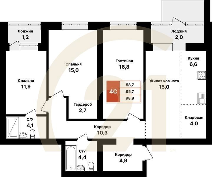4-комн, 98.9 м², 1 этаж