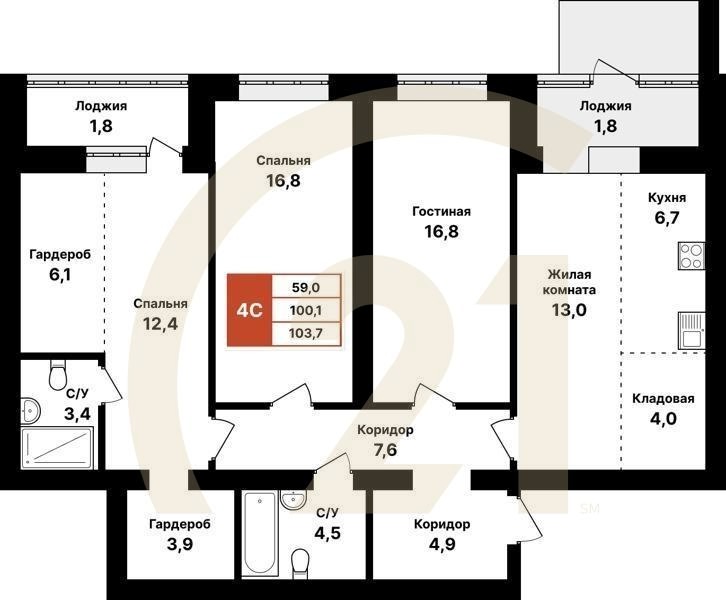 4-комн, 103.7 м², 1 этаж
