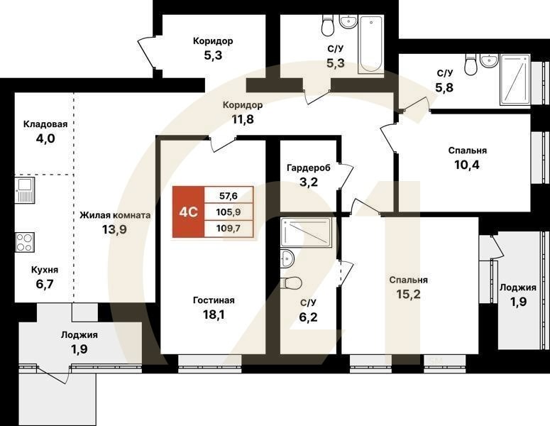 4-комн, 109.7 м², 1 этаж