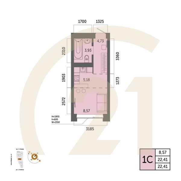 1-комн. квартира 22,41 м² 13-21/32 эт.