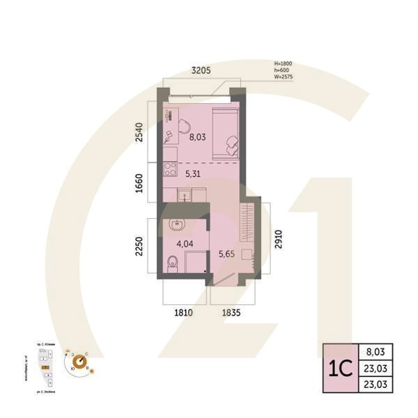 1-комн. квартира 23,03 м² 21-22/32 эт.