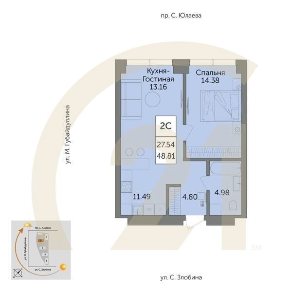 2-комн, 48.2 м², 2 этаж