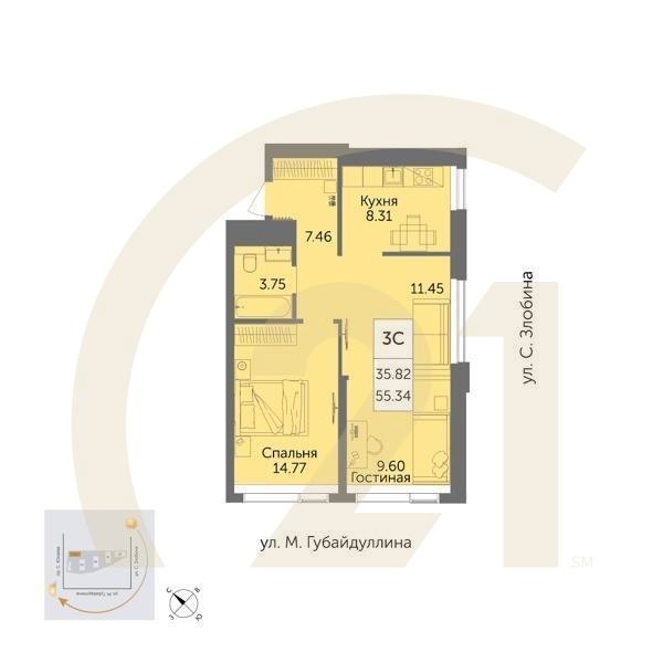 3-комн, 55.34 м², 23-31 этаж