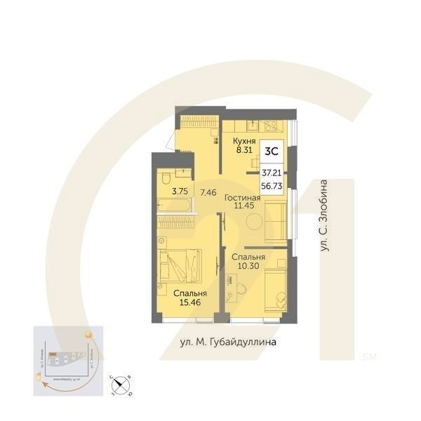 3-комн, 56.73 м², 24 этаж