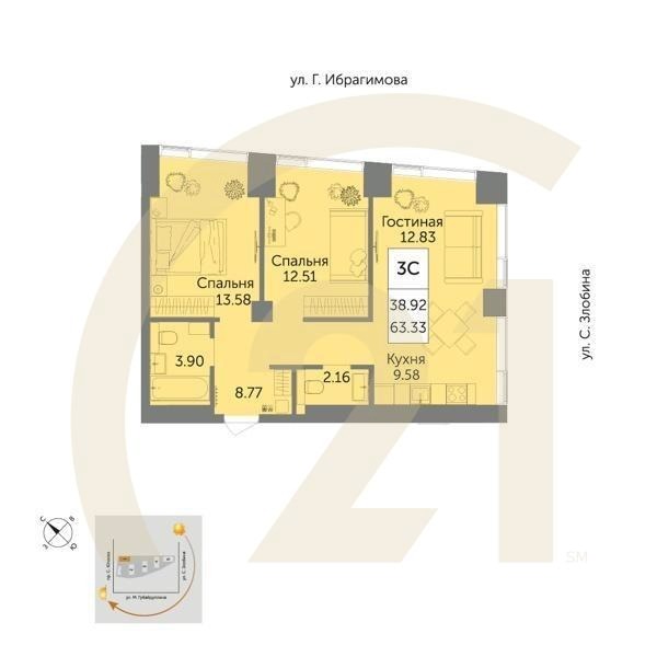 3-комн, 63.33 м², 14 этаж