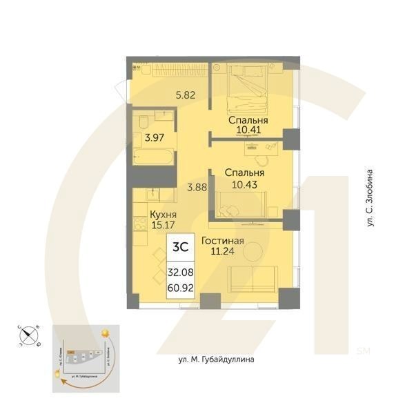 3-комн, 60.92 м², 14-15 этаж