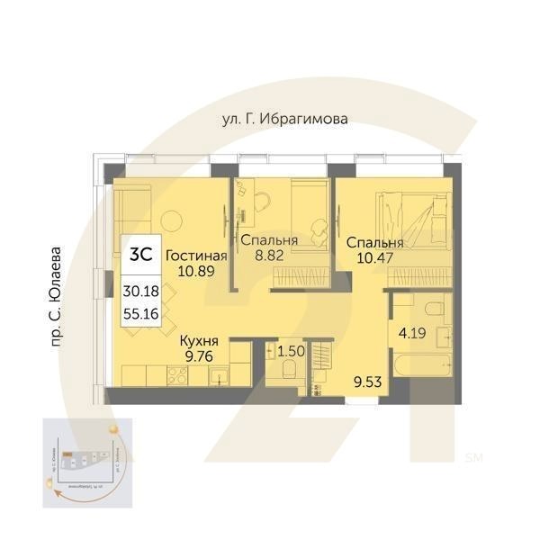 3-комн, 55.16 м², 31 этаж