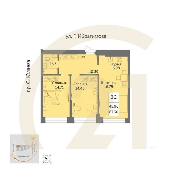 3-комн, 67.3 м², 23-31 этаж