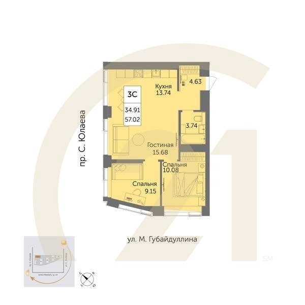 3-комн, 57.02 м², 24-25 этаж