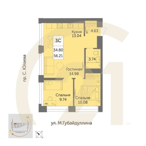 3-комн, 56.21 м², 31 этаж