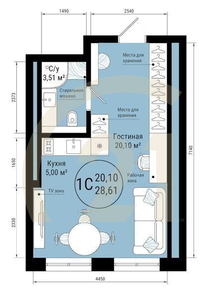 1-комн, 28.61 м², 22-24 этаж