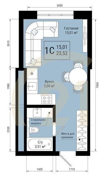 1-комн, 23.52 м², 1 этаж
