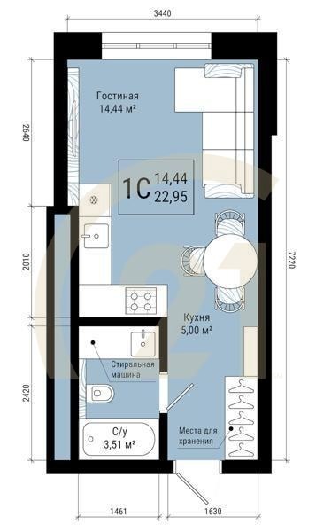 1-комн, 22.95 м², 1-25 этаж