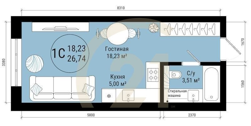 1-комн, 26.74 м², 5-25 этаж