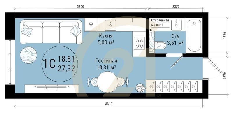 1-комн, 27.32 м², 7-25 этаж