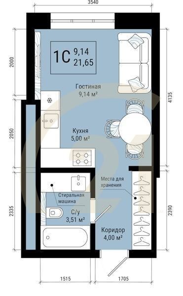 1-комн, 21.65 м², 11-25 этаж