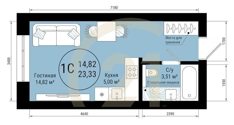 1-комн, 23.33 м², 2-5 этаж
