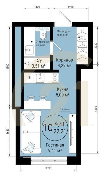 1-комн, 22.21 м², 11-25 этаж