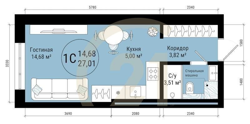 1-комн, 27.01 м², 5-25 этаж