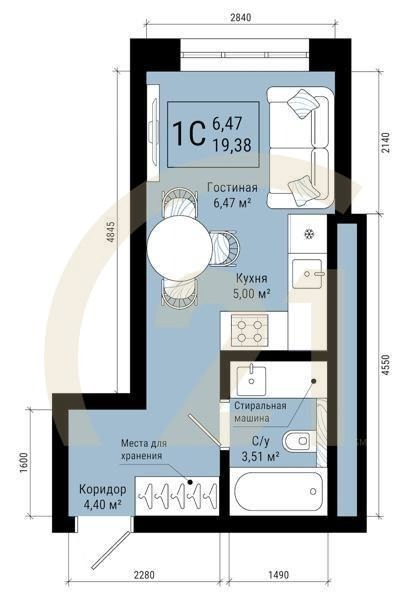 1-комн, 19.38 м², 1 этаж