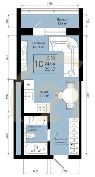 1-комн, 25.67 м², 11-25 этаж