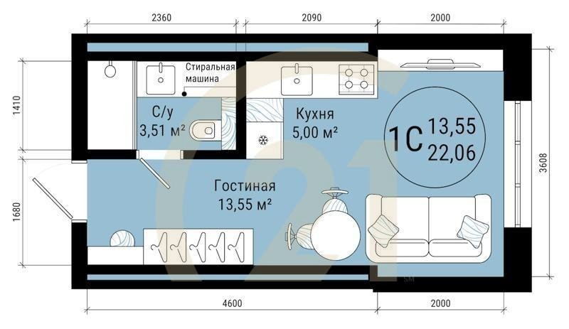 1-комн, 22.06 м², 8-25 этаж