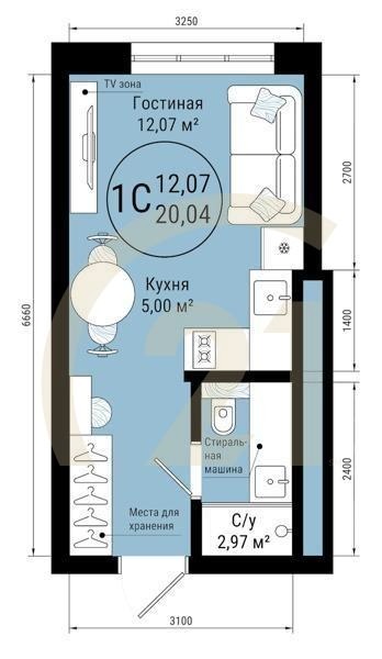 1-комн, 20.04 м², 1-24 этаж