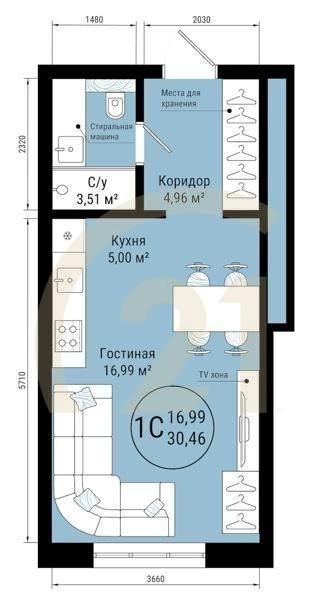 1-комн, 30.46 м², 18-24 этаж
