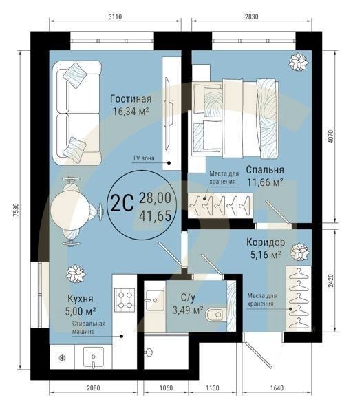 2-комн, 41.65 м², 21-25 этаж