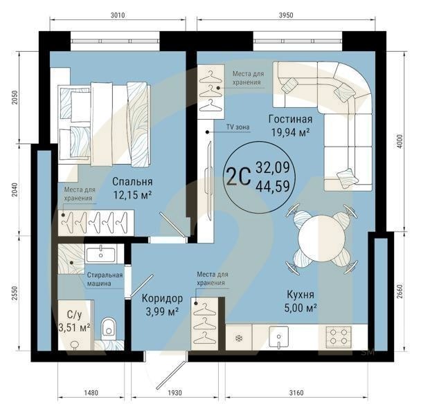 2-комн, 44.59 м², 18-25 этаж