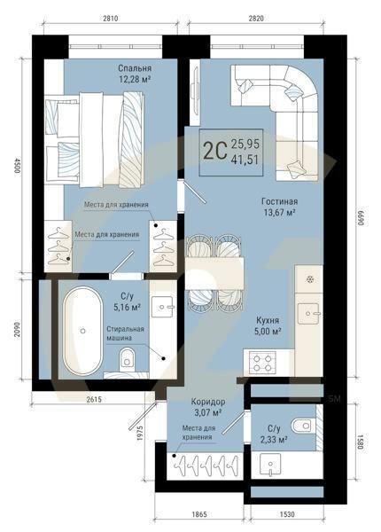 2-комн, 41.51 м², 1-25 этаж